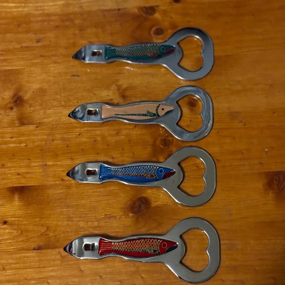 Vintage‎ Stainless Steel Bottle Can Openers (4) Enameled Fish Motifs SET #3